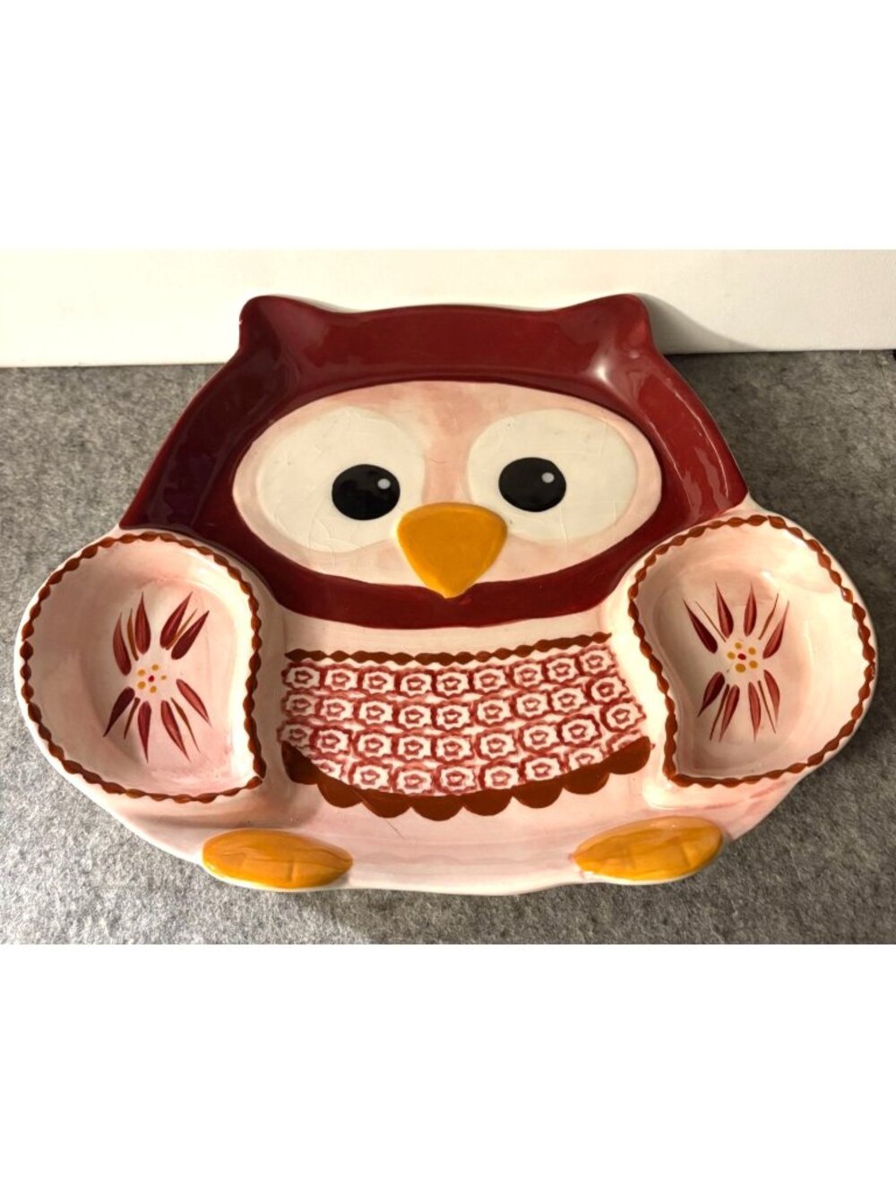 Temptations Old World Red Divided Dish of a Owl 12 x 10" # 3437